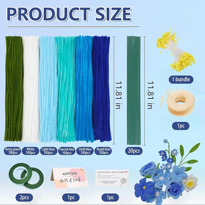 AHAMETON 620Pcs Blue Pipe Cleaner Flower Kit, 6 Colors Bulk Pipe Cleaners Craft Supplies with Wires, Stamens, Ribbon, Tapes, Card, DIY Flower Making for Gifts Home Decoration, Party School Crafts