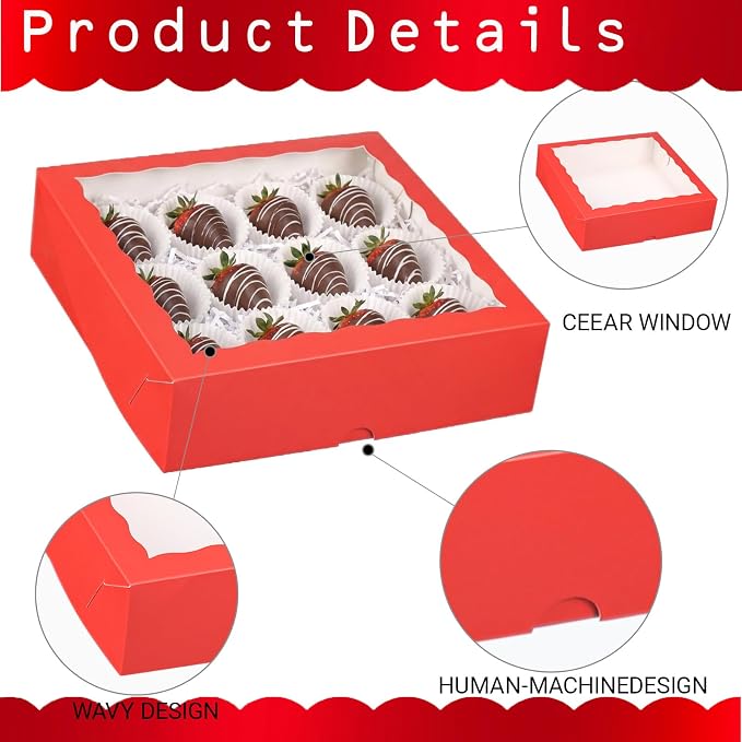 Pie Boxes Red Bakery Boxes with Window (36pcs, 9x9x2.5 Inch) for Christmas: Ideal for Pie, Cookies, Chocolate Covered Strawberries, Breakable Heart & Charcuterie