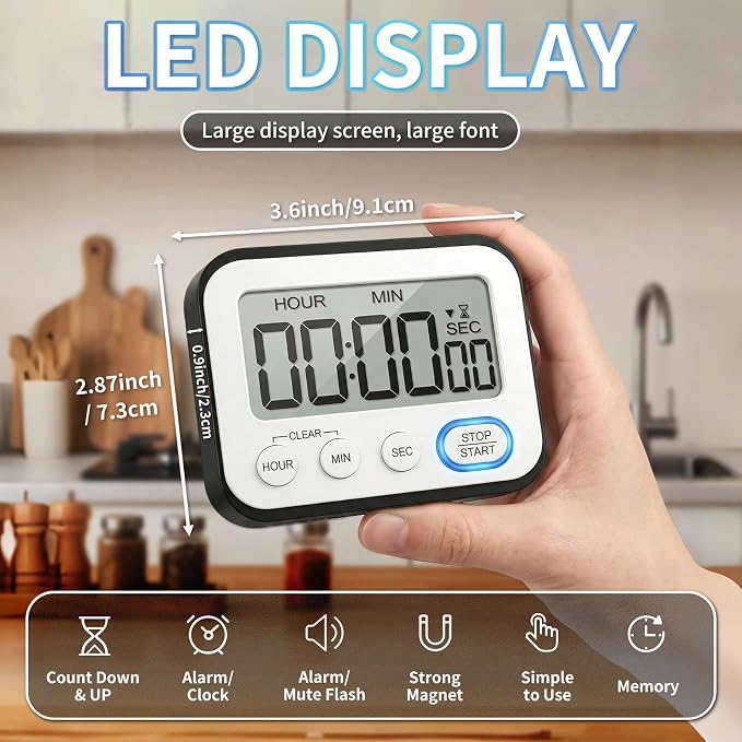 Digital Kitchen Timer Magnetic Loud Alarm & Silent Flashing, Large LCD Display Countdown Clock for Cooking, Classroom, Teachers, Kids, Study, Workout, Black