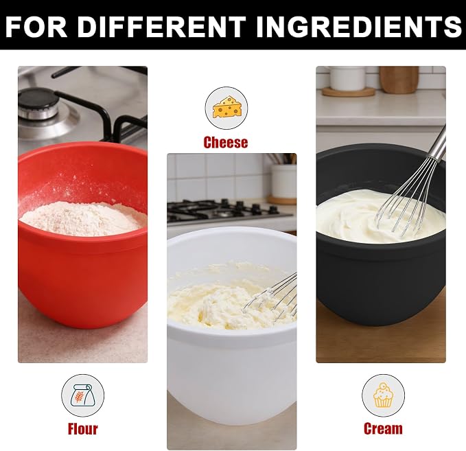 5 Qt Tilt-Head silicone liners for kitchenaid stand mixer, Silicone Bowl Liners with Lids, Kitchen Aid Accessories and Attachments for Baking and Cooking (3pcs Red+White+Black)