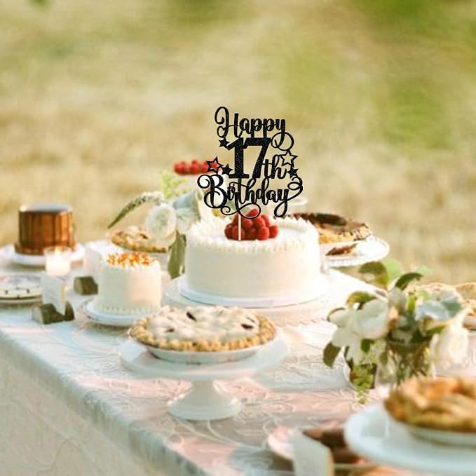 1 PCS Happy 17th Birthday Cake Topper Glitter Cheers to 17 Years Birthday Cake Pick Hello 17 Fabulous Cake Decoration for Happy 17th Birthday Anniversary Party Decorations Supplies Black