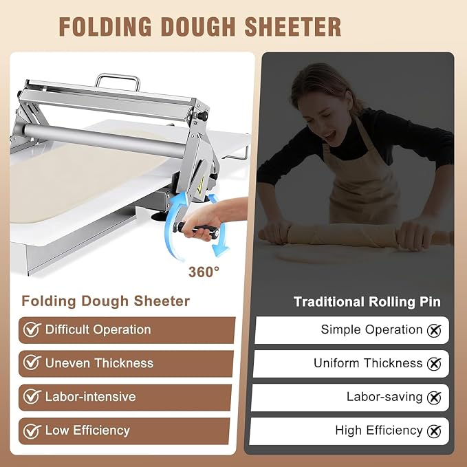 Folding Dough Sheeter | Manual Dough Rolling Machine | Stainless Steel | Adjustable Thickness with 0-27mm Settings | for Bread, Pastry, Croissants