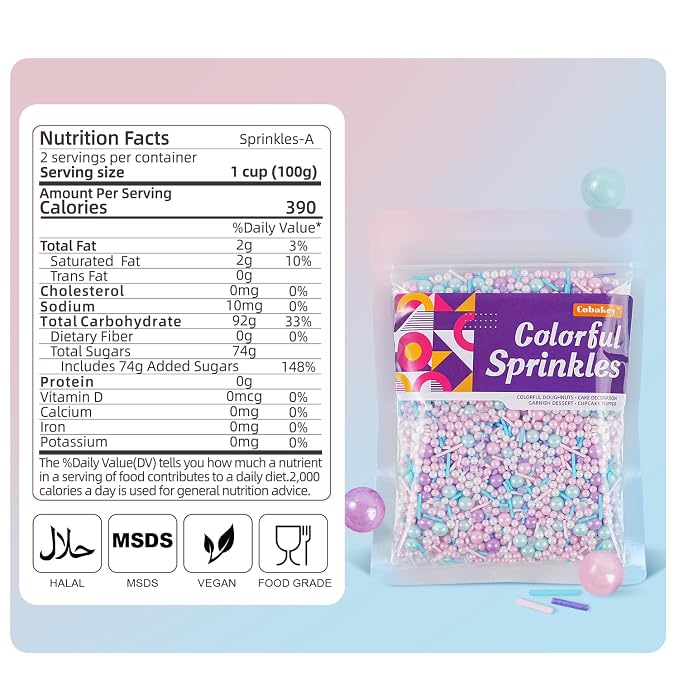 Pastel Sprinkles for Cake Decorating, 7oz Pink Purple Blue White Pearl Confetti Jimmies Mix - Sprinkles for Cupcakes, Ice Cream, Cookies, Baking Toppings - Wedding, Birthday, Christmas Party Supplies