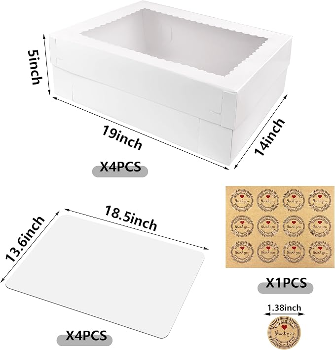 MUMULULU 4 PCS 19x14x5 Inch Cake Boxes with Cake Board White Sheet Rectangular Bakery Boxes with Window for Cookies Dessert Cupcakes Pastry Baking Pie Packaging