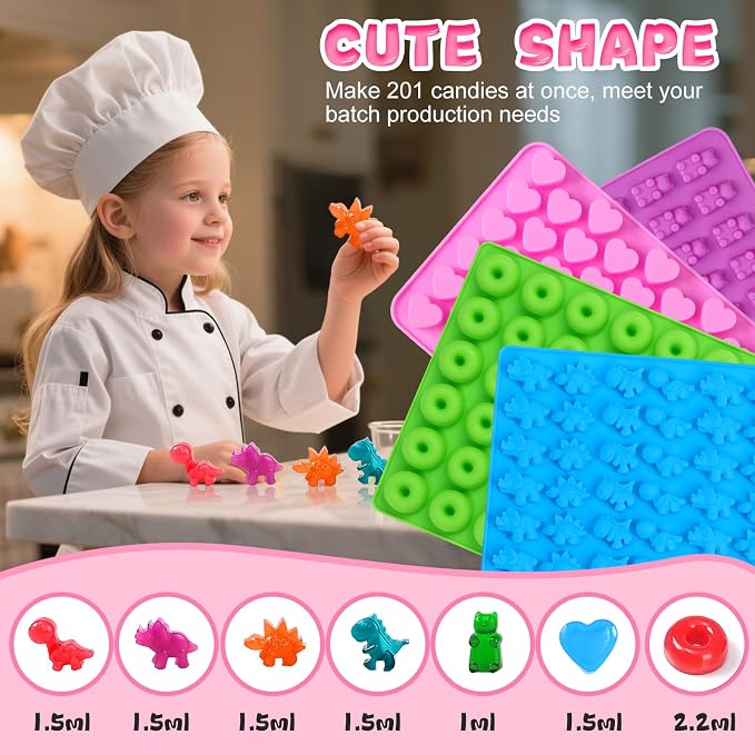 Candy Molds Silicone, with 2 Droppers, Non-Stick Silicone Candy Molds Including Mini Dinosaur, Bear Shape, Hearts and Mini Donut, Set of 4