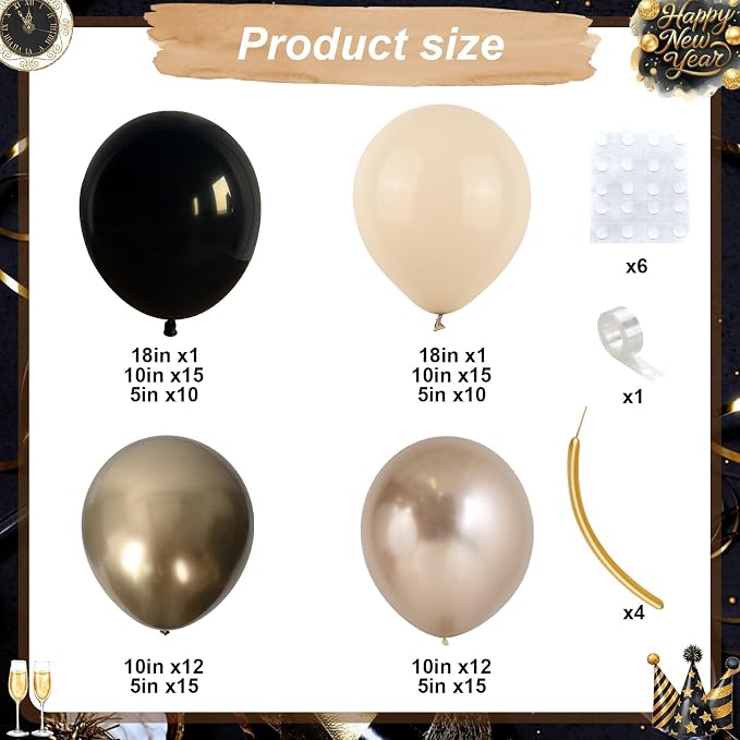 Black and Gold Balloon Arch Garland Kit, Graduation Balloons Black White Sand Beige Cream Champagne Gold Metallic Balloons for Congrats Grad Bridal Baby Shower Anniversary Wedding Birthday Party Decor