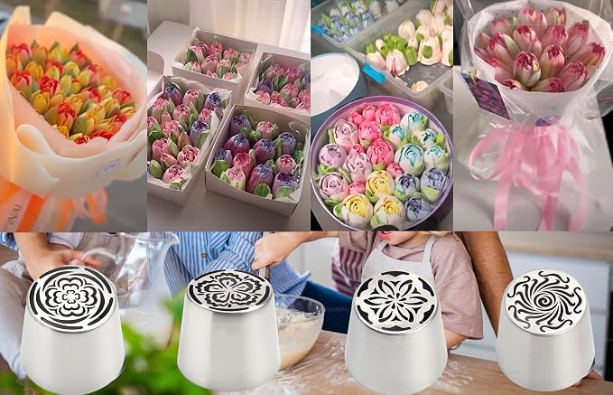 4pcs Russian Piping Tips Set Extra Large Stainless Steel Flower Icing Nozzles One Step Peony Carnation Dahlia Rose Tips for Cake Decorating ButtercreamCupcake Baking Supplies for Beginners