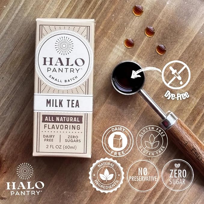 Natural MILK TEA Flavoring Extract by HALO PANTRY (2oz bottle) | Dairy-Free, Dye-Free, Sugar-Free, Gluten-Free, NO Sweeteners, NO Calories | Perfect for customizing ANY baking, candy, dessert or drink recipes