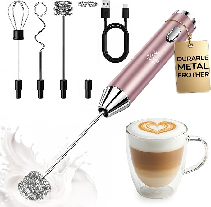 Zulay Kitchen Rechargeable Milk Frother Handheld - Frother Wand, Drink Mixer, Electric Whisk Frother, for Cappuccinos, Matcha & Protein Powder - Ultra Metal 3 Whisk, 1800mAh Pink