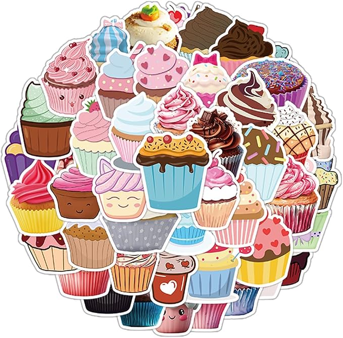 Sweet Cupcake Vinyl Stickers, 50 PCS Waterproof Illustrated Dessert Decals for Laptops, Scrapbooking, Journals, Notebooks, Water Bottles, Suitcases, Phones & DIY Decor