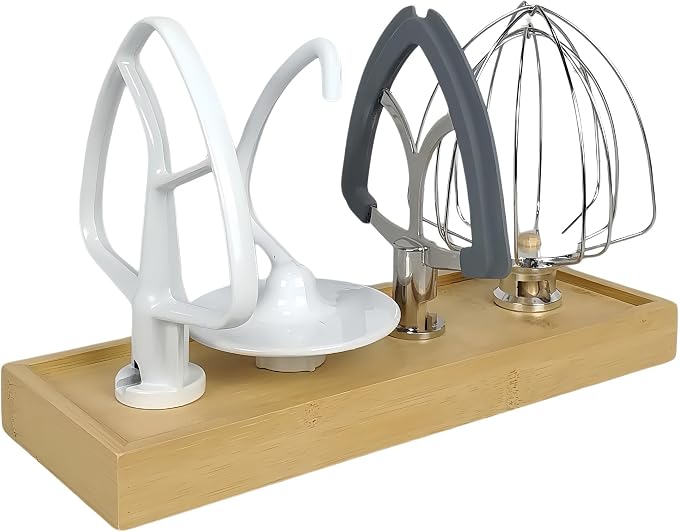 4 Stations Stand Mixer Attachment Holders for KitchenAid Mixer Accessories | As resting spot while switching attachments during dough mixing, Air dry tray after washing, Bamboo nature tray with 4 pegs