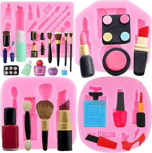 ZiXiang Makeup Tools Silicone Molds Lipstick Perfume Bottle Fondant Mold Nail Polish Makeup Brush Molds For Cupcake Topper Polymer Clay Chocolate Gum Paste Cake Decoration Set Of 4