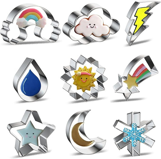 Weather Cookie Cutter Set for Baking - 9 Piece - Rainbow Cloud Lightning Bolt Raindrop Sun Shooting Star Moon Snowflake Cookie Cutters Shapes Molds for Kids Holiday Birthday Party Supplies Favors