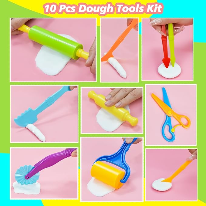Dough Tool Set, 15 Pcs Basic Dough Tools Kits for Kids, Dough Accessories Includes Cutters Roller, Rolling Pins, Safety Scissors, Plastic Knife