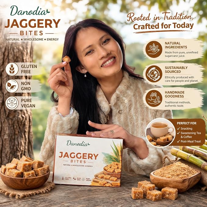 Danodia Foods Organic Jaggery Bites, Cane Gur Sweetener, 1 lb Pack | Jaggery gur pieces for chai, coffee, desserts and cooking; No Preservatives; traditional Indian cane sweetener; pantry use