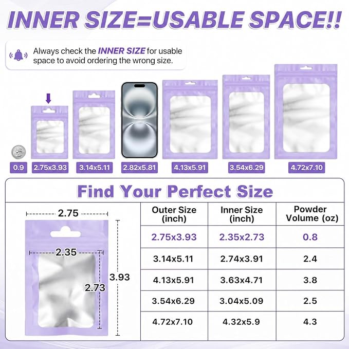 ANZNKU 100 Pack Lavender Purple Resealable Mylar Bags with Frosted Clear Window 2.75x3.93", Smell Proof Sealable Packaging Bags for Small Business, Foil Pouch Zip Goodie Bag for Candy Treat Jewelry