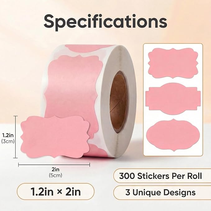 300 Pcs Pink Labels Stickers, 1.2x2 Inch, 3 Decorative Designs, Writable for Gift Wrapping, Pantry Storage, Jars & Wedding Decor