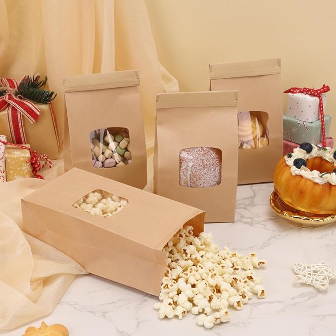 Moretoes Small Cookie Bags with Seal, 55pcs 3.54x2.32x6.69in, Seal by Tin Tie Tab, Brown Kraft Paper Small Bakery Bags with Window for Cookie Coffee Bread Pastry Treat Bakery Gift Giving Packing