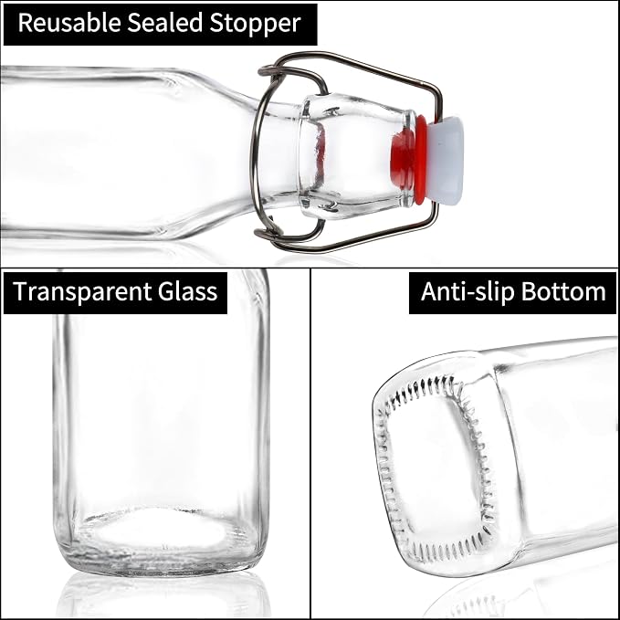 12 Pack 4oz Swing Top Glass Bottles, 125ML Square Bottles with Airtight Stoppers for Kombucha, Kefir, Vanilla Extract, Beer(Bonus Gaskets, Labels and Funnel)