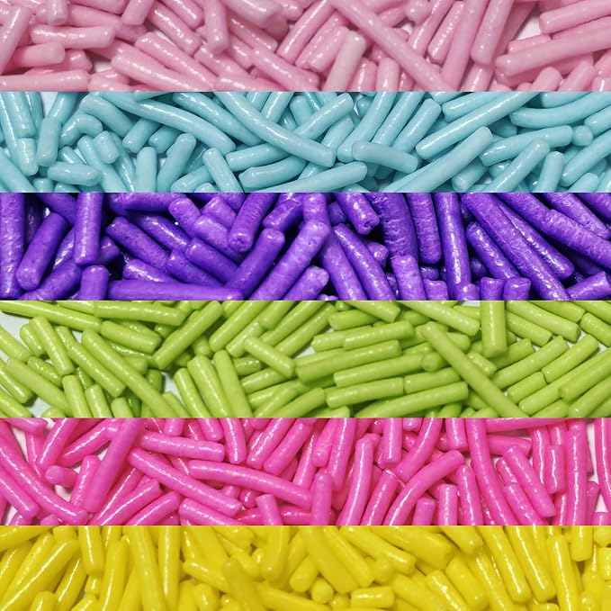 Senchanting 6 Cell Edible Mix Jimmies Sprinkle for Cake Decorating, Edible Pastel Jimmies Mix for Decorating Baking Cupcakes Cake Cookies Ice Creams Donuts Topper Candy (Pink Blue Purple Grass Green Dark Pink Yellow )