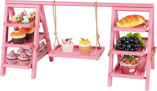 Flenpptly Wooden Cupcake Stand, 3 Tier Cupcake Display Stand for Dessert Display, Dessert Stands with Serving Tray and Foldable Stand for Party, Birthday, Wedding, Events, Baby Shower (Pink)