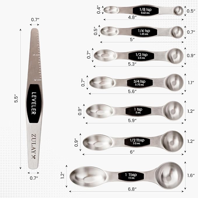 Zulay Kitchen Stackable Magnetic Spoons Set of 8 - Dual Sided Magnetic Measuring Spoons Set Fits In Spice Jars - Stainless Steel Measuring Spoons Magnetic For Dry and Liquid Ingredients (Black)