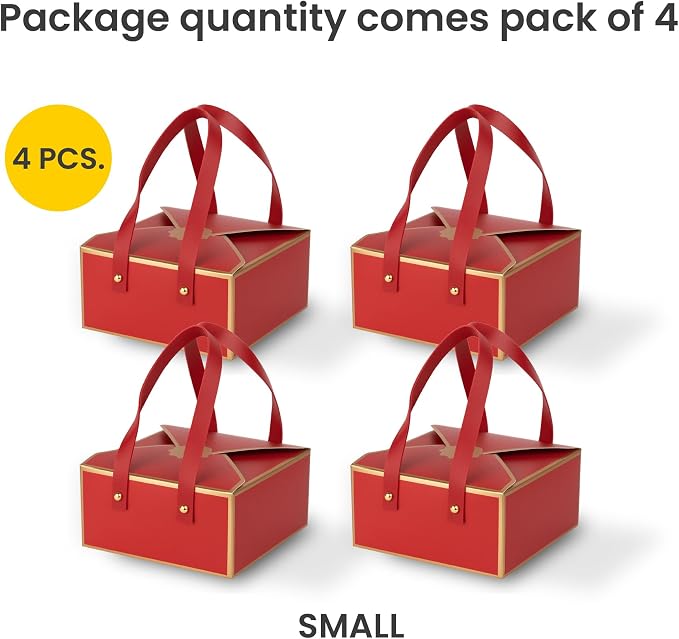 Hammont Gift Boxes - 4 Pack of Gift Boxes with Faux Leather Handles - Cookie Boxes - Versatile Gift Boxes for Presents - Elegant Box for Cakes Candy | Jewelry | Chocolates (6"x6"x3" (Red))