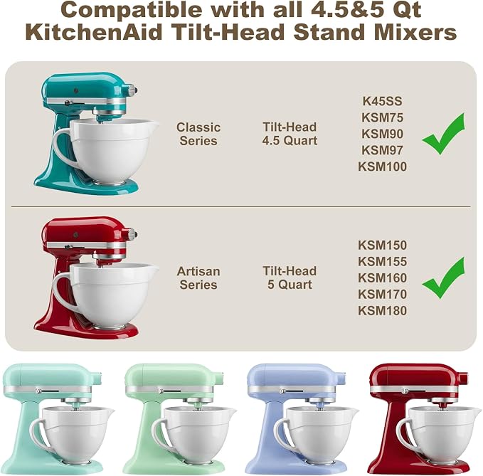 5 QT Ceramic Mixer Bowl Compatible with KitchenAid Tilt-Head Stand Mixers 4.5-5 Quart, Food-Grade Polished Mixing Bowl with Anti-slip Handle & Secure Locking Clasp, Microwave & Oven Safe