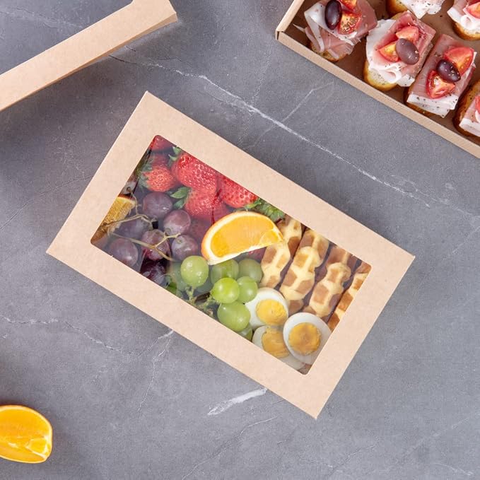 Restaurantware Cater Tek 10.2 x 6.1 x 3.2 Inch Baked Goods Boxes 100 Insert Tab Lock Window Pastry Boxes - Window Lids Easy Assembly Kraft Paper Catering Boxes For Charcuterie Or Cupcakes