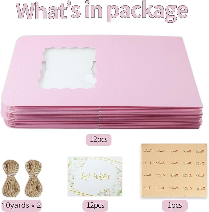 12 Pack 6x6x5 Inch Cake Boxes with Window, Pink Bakery Carriers for Bento Cake, Cupcakes, Cookies, Dessert Treats – Perfect for Valentine's Day, Mother's Day Gifting