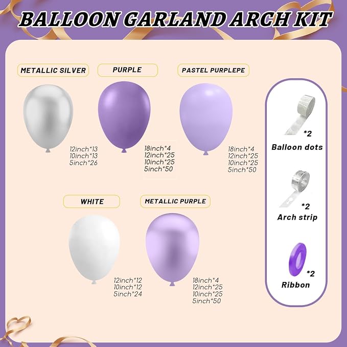 412Pcs Purple Balloon Garland Arch Kit,18 12 10 5 Inch Different Size Lavender Latex Metallic Silver Balloons for Butterfly Birthday Girls Women Wedding Birthday Baby Shower Party Decorations