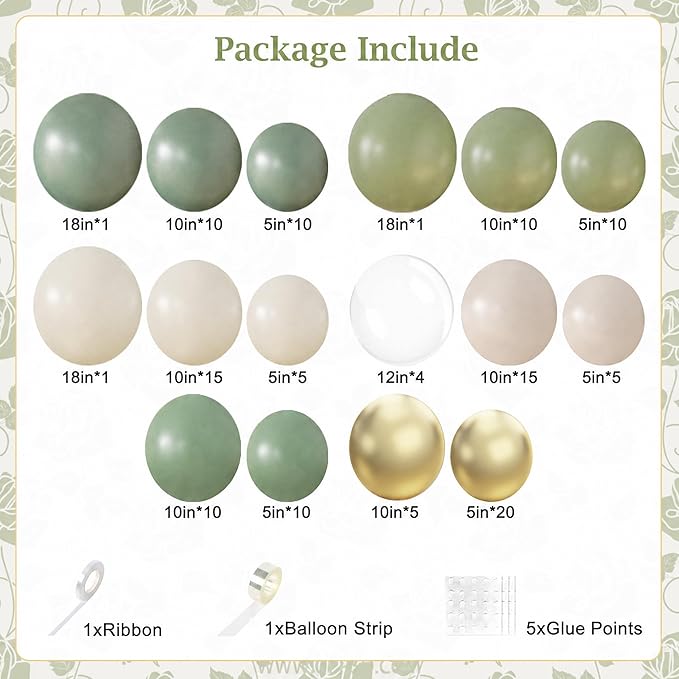 Sage Green Gold White Balloon Arch Kit 132Pcs Sage Green Light Green Sand White Gold Clear Balloons for Wedding Engagement Anniversary Bridal Shower Baby Shower Birthday Party Decorations