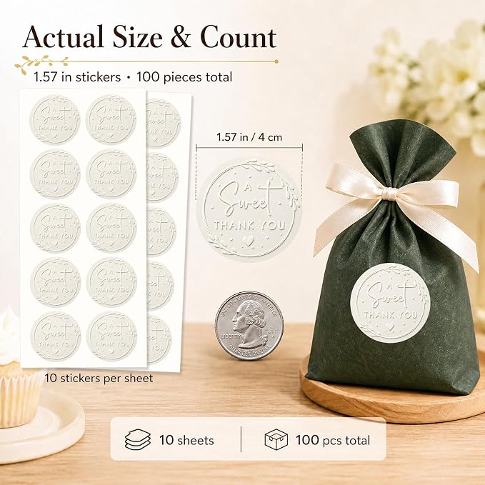 A Sweet Thank You Stickers, White Paper Foil Favor Labels for Wedding, Baby Shower, Dessert Table, Small Business Packaging, Bakery Gift Wrapping & Party Supplies,100PCS 1.6 Inch