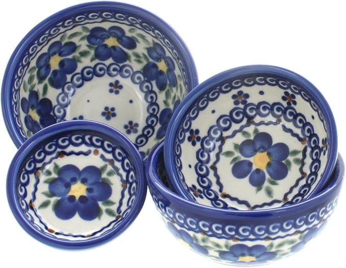 Blue Rose Polish Pottery - Blue Spring Blossom Measuring Bowl Set - 1 Set - Ceramic Nesting Measuring Bowls for Baking, Cooking & Kitchen Prep