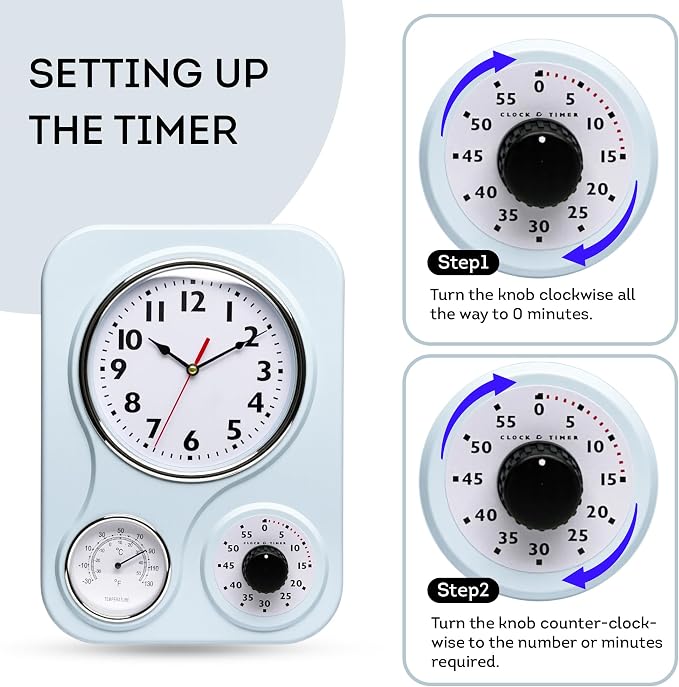 Lily's Home - 9 Inch x 12.5 Inch - Retro Kitchen Wall Clock, Vintage Wall Clock with a Thermometer and 60-Minute Timer, Ideal for Any Kitchen, Office, or Diner (Light Blue)