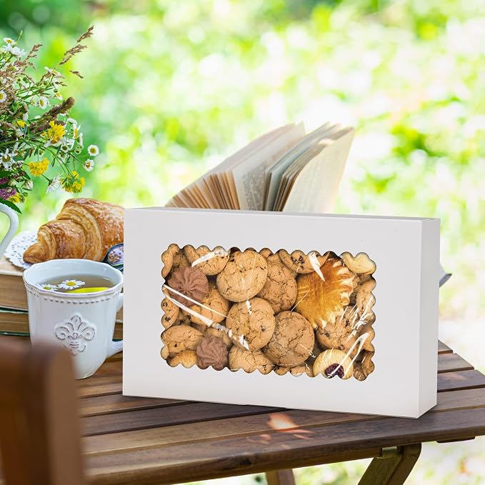 24 Pack Bakery Boxes,10x6x2.5 Inches Cookie Boxes with Window for Gift Giving, White Treat Packaging Boxes for Pies, Treats, Chocolate, Muffins, Donuts, Pastries, Cupcakes