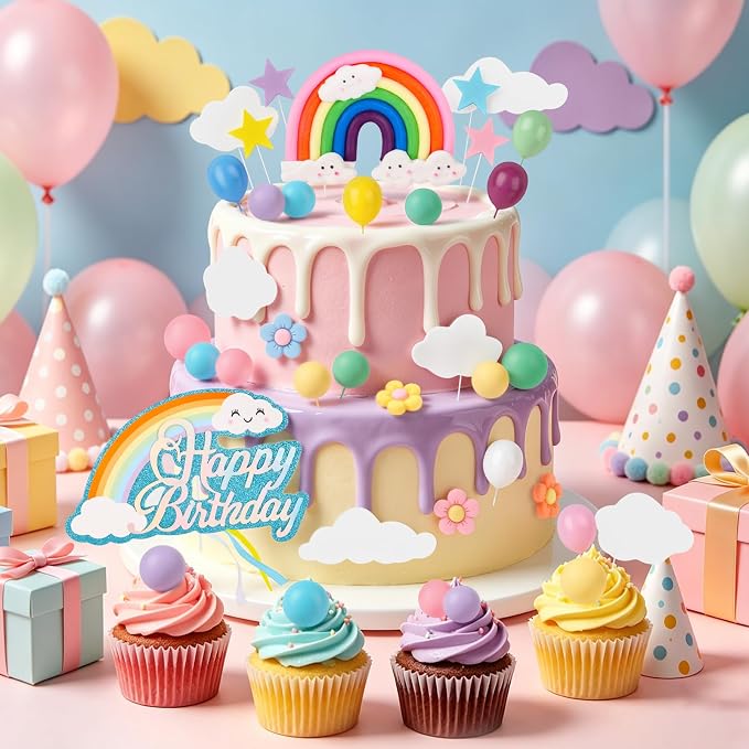 Hooqict 37PCS Rainbow Cake Topper with Daisy Flower Pastel Balls Boho Rainbow Cake Decorations for Wedding Girls Boys Groovy Hippie Birthday Party Decorations Supplies
