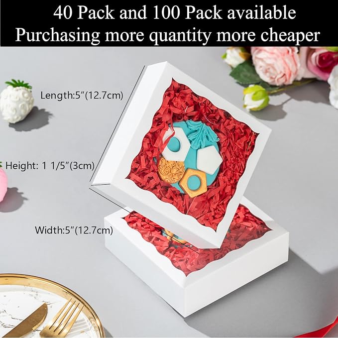 Romantic Baking 40 Pack 5" x 5" x 1 1/5" Cookies Tuck Boxes Heart Hot Chocolate Bombs Macaron Bakery Boxes with Window