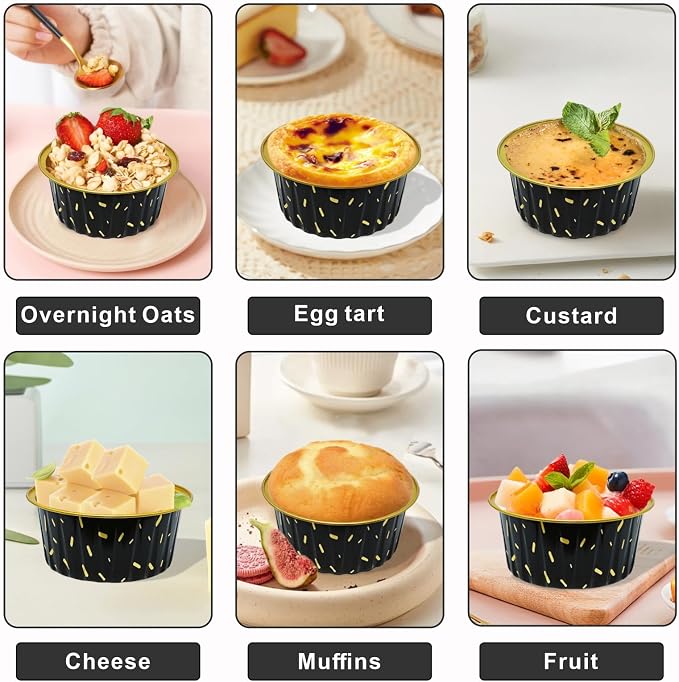 100 Pack 5oz Cupcake Pans with Dome Lids,5 oz Disposable Ramekin Cupcake Liners,Reusable Mini Muffin Case Dessert Containers for Birthday Wedding Party (Meteor Shower)