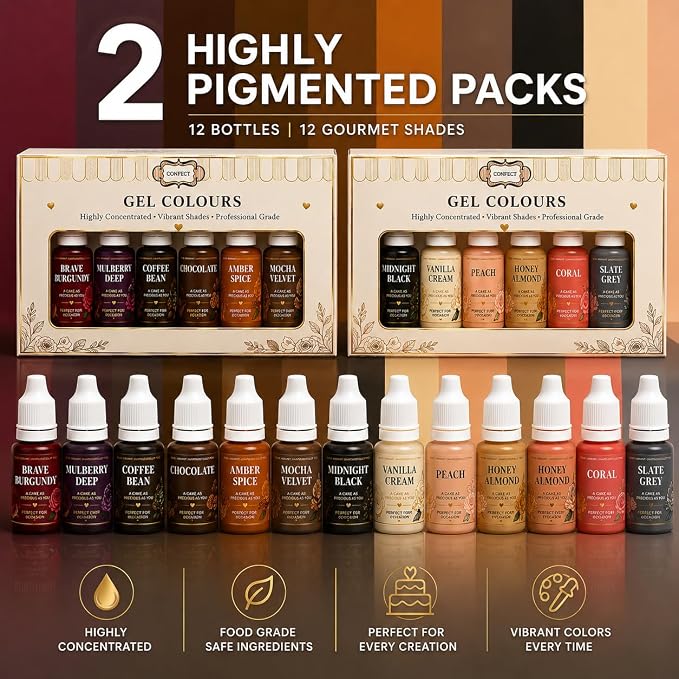 Confect Browns & Depth Gel Food Coloring Set – 12 Highly Pigmented Colors for Buttercream, Cakes, Cookies, Macarons & Baking – 10mL Bottles