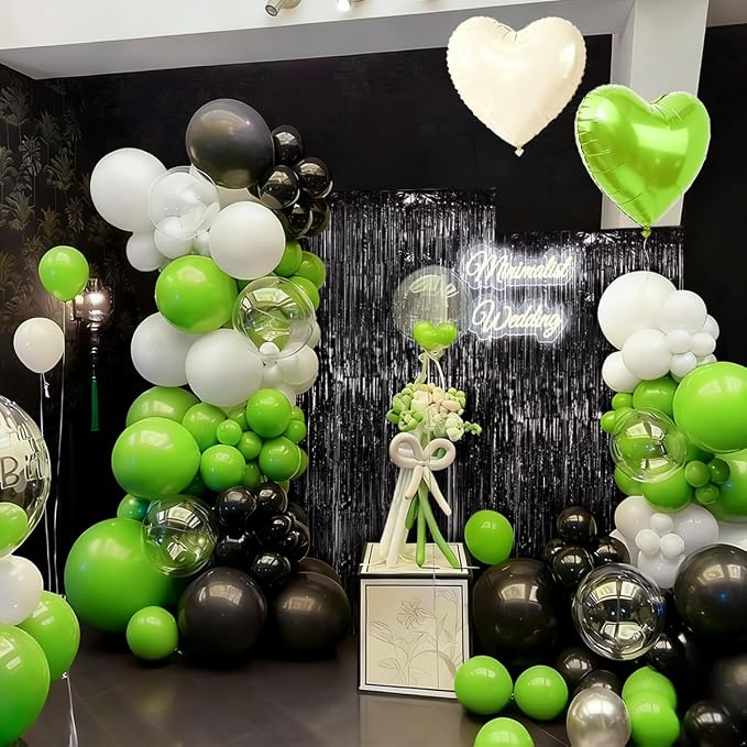 157Pcs Black White and Lime Green Balloons Garland Arch Kit with Black Fringe Curtain for Birthday Bridal Baby Shower Gender Reveal Weddings Graduation Party Decorations
