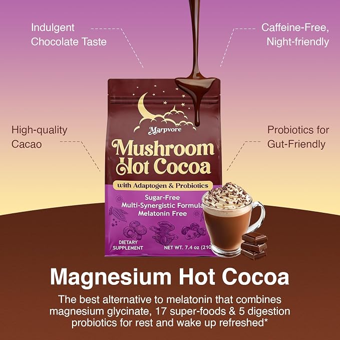 Mushroom Hot Cocoa Powder with Magnesium Glycinate, L-Theanine, Ashwagandha, Reishi, Probiotics, Cacao Powder Organic Hot Chocolate Supplement for Sleep, Relax, Digestion, Vegan 2-Pack