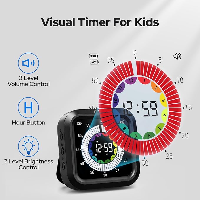 Visual Timer for Kids with Color Display Kitchen Timer 1500mAh Battery | Memory Function Scroll Wheel Control, Magnetic Back with Stand, Up to 12h59m Countdown, Kitchen, Study & Classroom