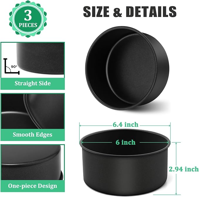 P&P CHEF 6 Inch Cake Pan, Nonstick Round Baking Layer Cake Pans Tins Set for Birthday Wedding, 2.94-Inch Deep Side & One-piece Design, Stainless Steel Core & Easy Clean, Black 3Pcs