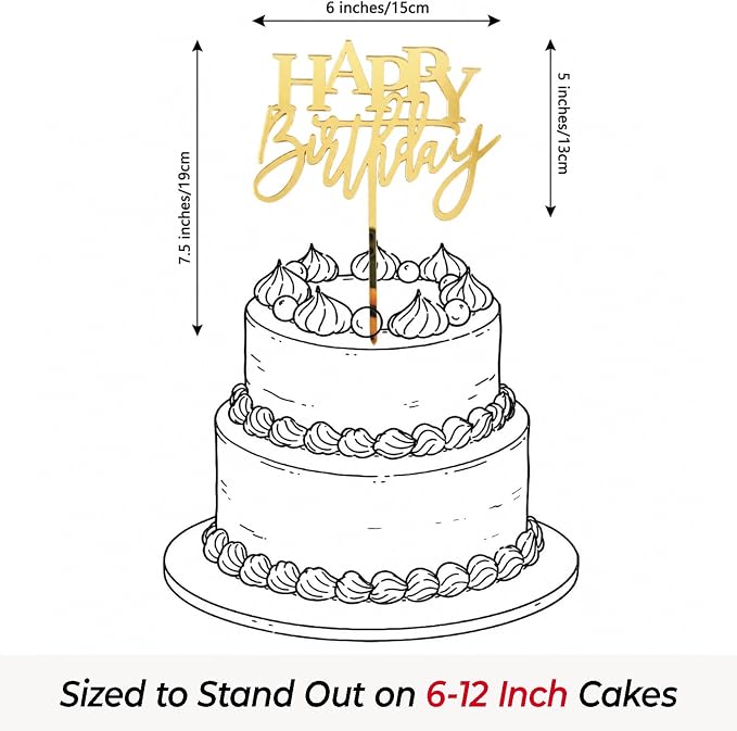 Happy Birthday Cake Topper, Acrylic 7.5" x 6", Mirror Gold | Premium 2mm Acrylic, Large size, Classic Cake Decoration, Luxurious High-Gloss Finish