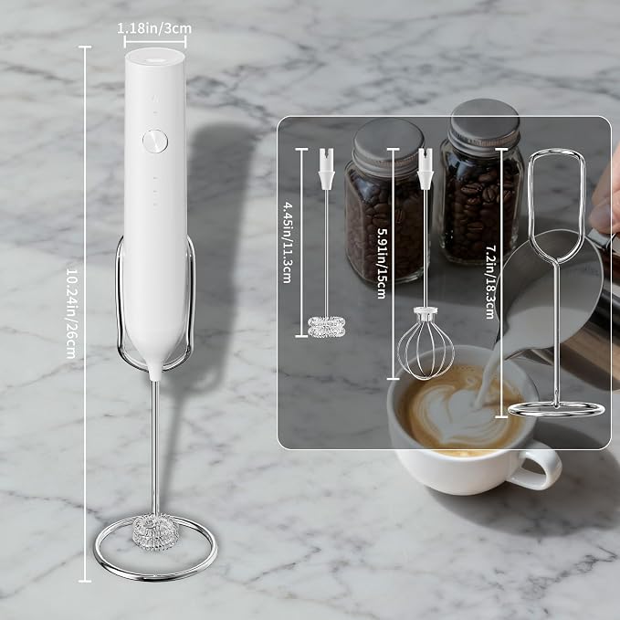 Milk Frother Handheld Rechargeable, Hand Frother with Stand, Drink Mixer Frother Wand Electric Whisk Stirrer for Coffee, Latte, Matcha, Cappuccino, Hot Chocolate, Kitchen Gifts - White