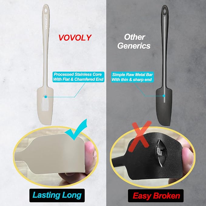 2-Pack Vovoly Silicone Jar Spatulas, Small Seamless Design Rubber Scraper with Stainless Steel Core, Heat Resistant and Non-Stick Mini Spatula for Jars and Blenders, BPA Free,11 IN, Khaki