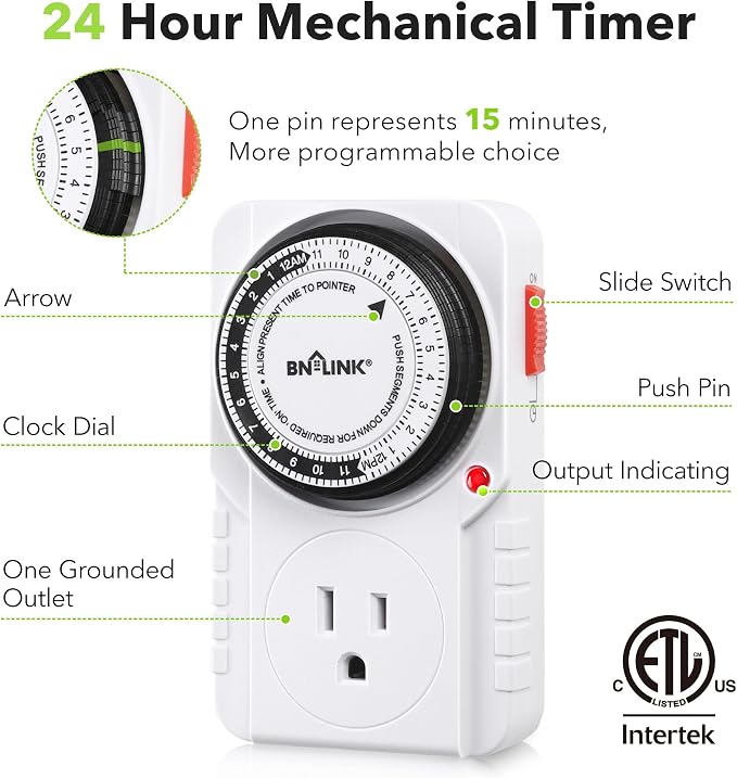 BN-LINK 24 Hour Plug-in Mechanical Timer Grounded for Aquarium, Grow Light, Hydroponics, Indoor Lighting, Home Appliances, ETL Listed 125VAC, 60 Hz, 1875W, 15A, 1/2HP (1 Pack)