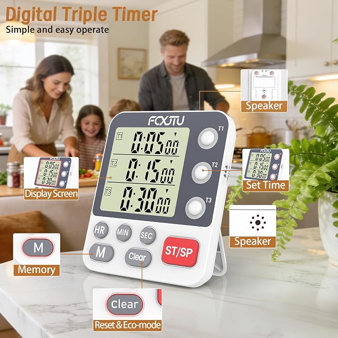 Digital Dual Kitchen Timer, 3-Channel Magnetic Countdown Stopwatch Timer for Cooking, Large Display, Loud Alarm, 100Hr Multi Food Classroom Timer for Seniors & Teachers (Battery Included)