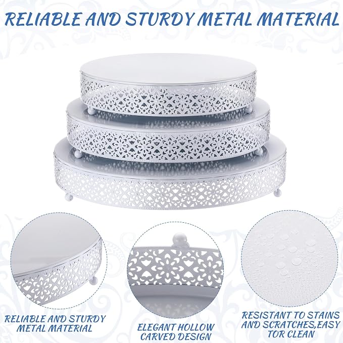 Wenqik 3 Pcs Cake Stand 16'' 14'' 12'' Round Metal Cake Stand Bases Display Holder Cookies Serving Tray Display Plate Cupcake Dessert Pastry Riser for Wedding Birthday Party(Vintage Style, White)